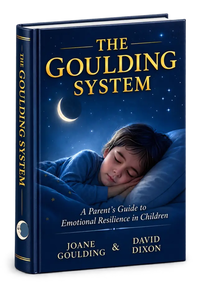 Book cover of “The Goulding System” featuring a sleeping child under a starry sky and crescent moon, with the subtitle “A Parent’s Guide to Emotional Resilience in Children.” The calming imagery captures the essence of the Goulding System, emphasizing its supportive approach to nurturing emotional resilience in children.