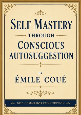 Book cover with the title "Self Mastery Through Conscious Autosuggestion" by Émile Coué, labeled as the 2026 Commemorative Edition with a beige background and ornate border.