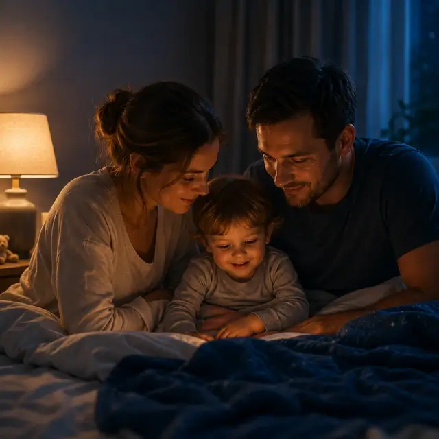 A couple and a young child lie on a bed together at night, illuminated by the warm light of a bedside lamp, all looking down and smiling.