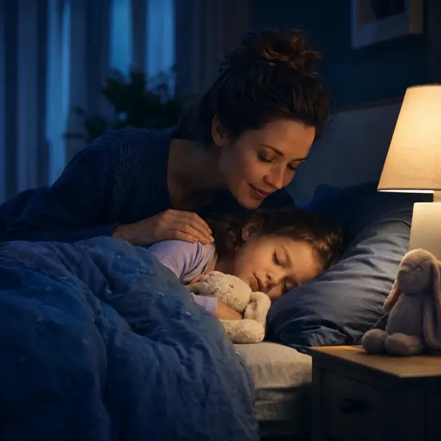 A woman gently leans over a sleeping child who is holding a stuffed animal in bed, with a lamp and a toy bunny on the nearby nightstand.