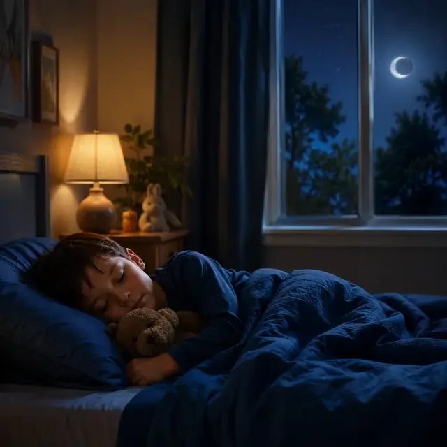 A young boy sleeps in bed hugging a teddy bear, with a lamp on the nightstand and moonlight shining through the window at night.