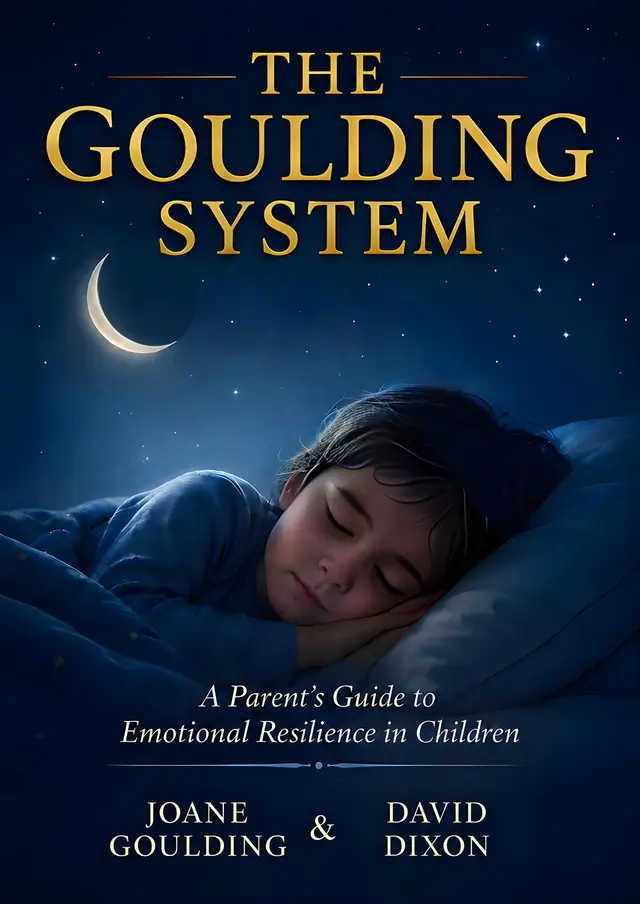 A young child sleeps peacefully in bed under a night sky with a crescent moon. The goulding system book title and authors' names appear above and below the image.