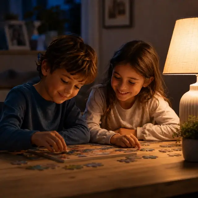 Two children sit at a wooden table assembling a jigsaw puzzle together, illuminated by a table lamp in a cozy indoor setting.