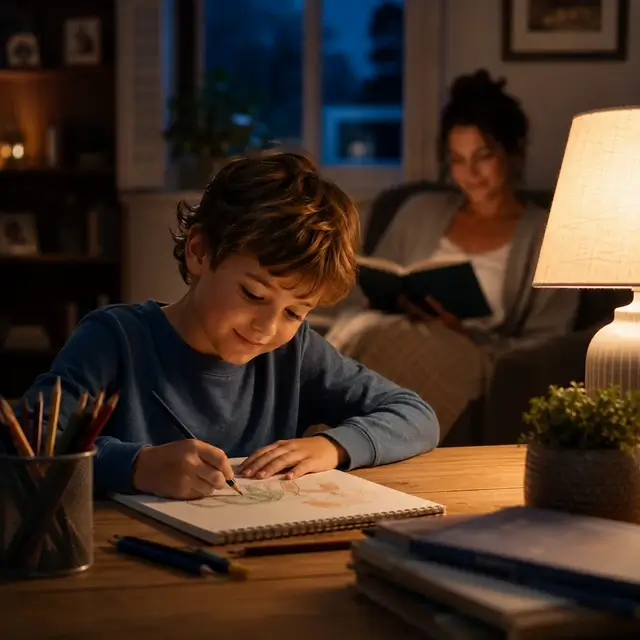 A young boy draws in a sketchbook at a desk while a woman reads a book on a sofa in a warmly lit living room at night.