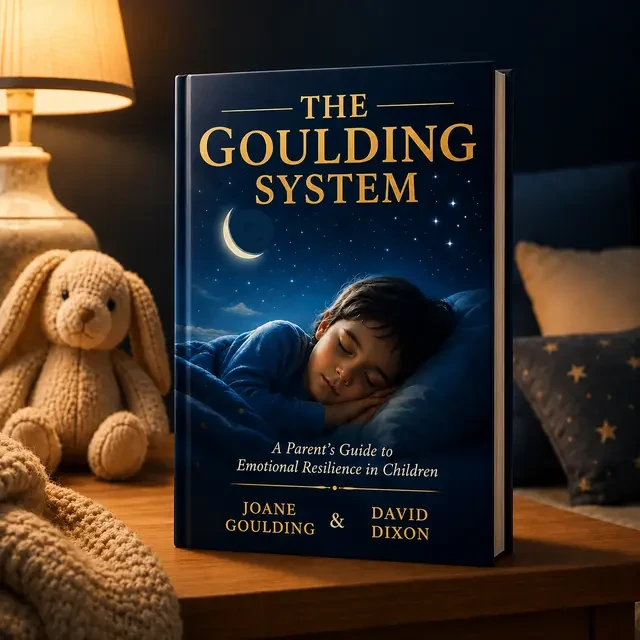 A book titled "The Goulding System" stands on a bedside table next to a stuffed bunny, with a cozy bedroom setting in the background.