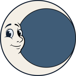 A crescent moon with a smiling cartoon face, encircling a dark blue circle against a plain background.
