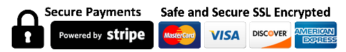 Secure payments banner featuring SSL encryption, credit card logos for MasterCard, Visa, Discover, and American Express, with a "Powered by Stripe" logo—ensuring trust using the Goulding System for ultimate payment protection.